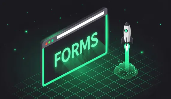 Isometrische Illustration Browser mit grünem FORMS Schriftzug und Rakete als Header