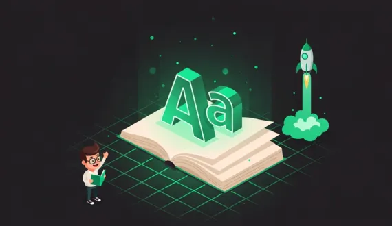 Cartoon Leser mit Brille freut sich über großes Buch mit leuchtenden Aa Buchstaben für barrierefreie Schriftarten