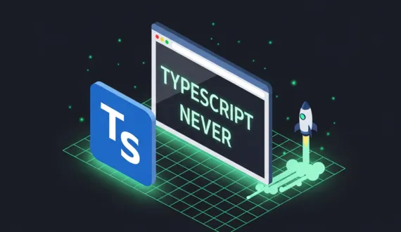 Grüner Browser mit Wortmarke TypeScript never, TS Kachel links und Rakete rechts