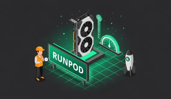 Grüne GPU auf Prüfstand mit RunPod Schild und Entwickler mit Stoppuhr
