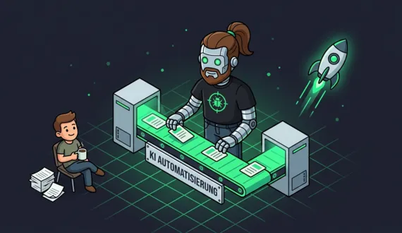 Robot Golla bedient grüne Automatisierungsstrecke, Kunde schaut entspannt zu