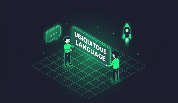 Grünes Banner Ubiquitous Language zwischen zwei Figuren