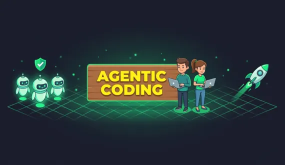 Grünes Agentic Coding Banner mit Entwicklerin, Entwickler und KI Agenten