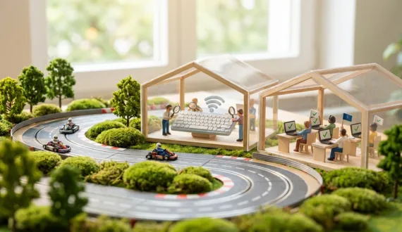 Bunte Miniatur: Kartbahn, daneben zwei Glashäuser mit Workshop Teams an Laptops