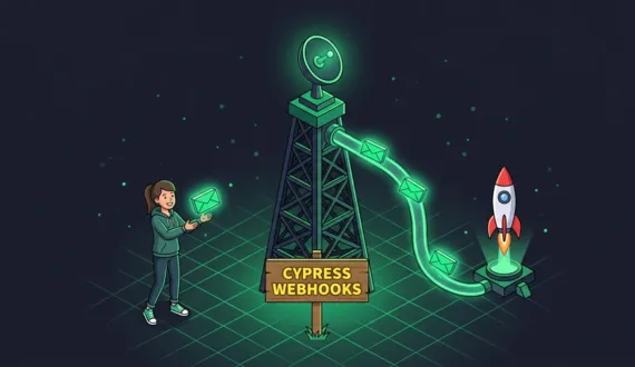 Grüner Signalturm sendet Webhook Pakete, Schild Cypress Webhooks