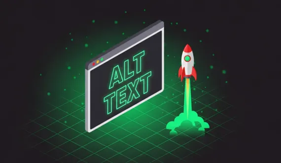 Isometrische Illustration Browser mit grünem ALT TEXT Schriftzug und Rakete als Header