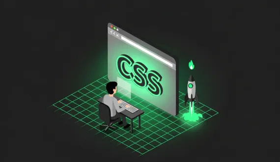 Grüner Browser mit CSS Schriftzug, Person mit Tastatur navigiert, Rakete rechts