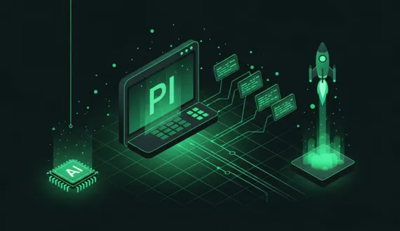 Grünes isometrisches Terminal mit PI Wortmarke, Modulen und Rakete