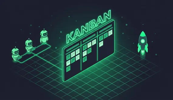 Isometrisches Kanban Board mit drei Spalten und parallelen Agenten NCA 2026