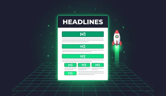 Grüne Webseite mit Überschriften Hierarchie H1 H2 H3 und Wordmark Headlines