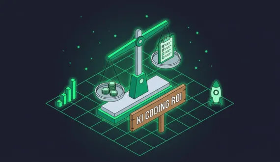 Grüne Waage mit Münzen und Checkliste, Schild KI Coding ROI, Balkendiagramm