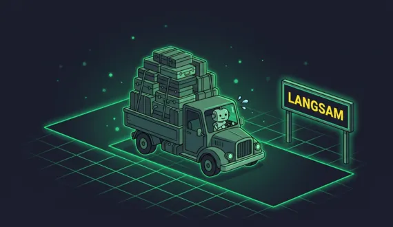 Grüne Rennstrecke, überladener Lastwagen kriecht, Schild langsam