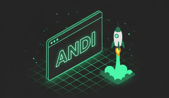 Isometrische Illustration Browser mit grünem ANDI Schriftzug und Rakete als Header