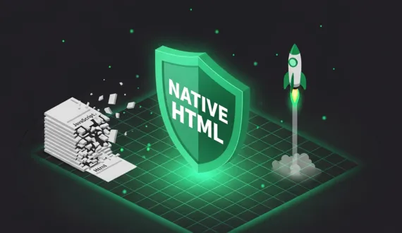 Grünes Schild mit Schriftzug Native HTML neben zerfallendem JavaScript Stapel