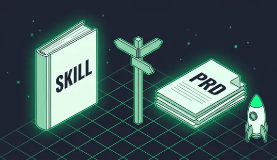 Grünes Handbuch SKILL und Dokumentenstapel PRD mit Wegweiser dazwischen