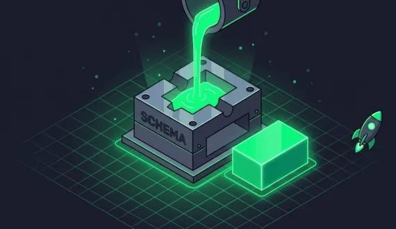 Grüne Gießform mit Schriftzug SCHEMA formt KI Code zu sauberem Bauteil