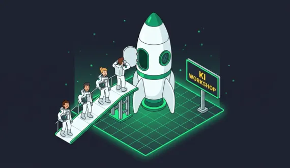 Grüne Rakete auf Startrampe, Team in Raumanzügen steigt ein, Schild KI Workshop