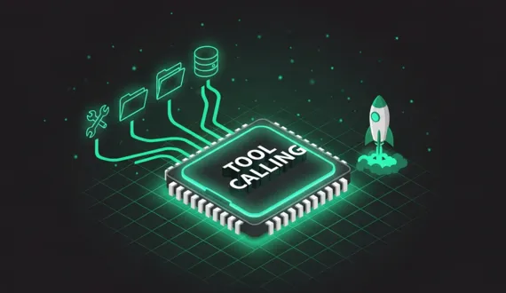 Grüner Chip mit Schriftzug Tool Calling verbunden mit Werkzeug Icons und Rakete