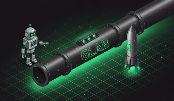 Grünes Pipeline Segment mit Schriftzug GLAB, Roboter links, Rakete rechts