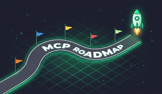 Grüne isometrische Straße mit Schriftzug MCP ROADMAP, Wimpeln und Rakete