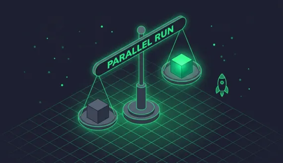 Grüne Balkenwaage Parallel Run mit grauem und grünem Würfel im Gleichgewicht