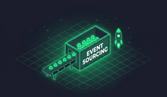 Grüne Ereigniswürfel laufen in Container mit Schriftzug Event Sourcing