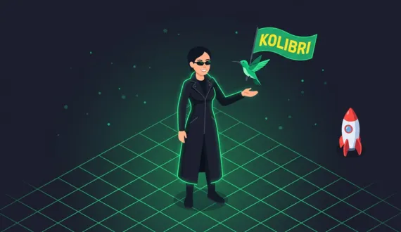 Grüner Kolibri mit Fahne über der Hand einer Frau im Matrix Look