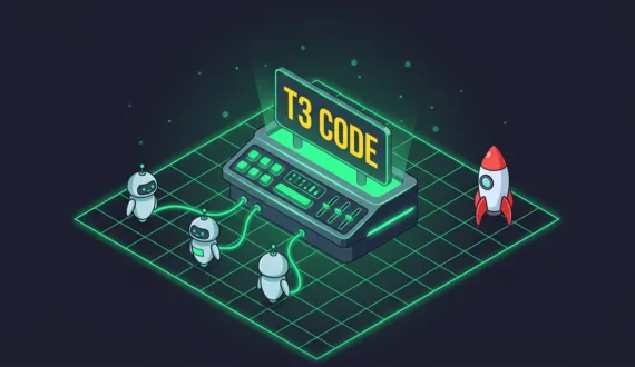Grünes Kontrollpult mit T3 Code Schild steuert drei Coding Agents