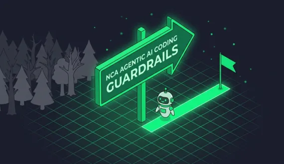 Grüner Wegweiser NCA Agentic AI Coding Guardrails zeigt Roboter die Abkürzung