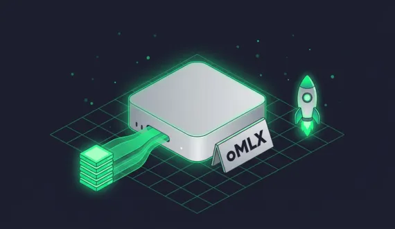 Silberner Mini Mac mit oMLX Schild, grüne Cache Blöcke fließen hinein.