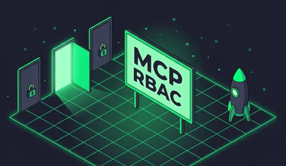 Grünes Schild MCP RBAC vor drei Türen, zwei verschlossen, eine offen