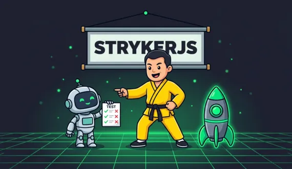 Kung Fu Meister in gelbem Anzug korrigiert Roboter mit StrykerJS Testblatt