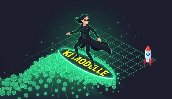 Grüne Welle aus Modell Würfeln, Frau im Matrix Look surft darauf