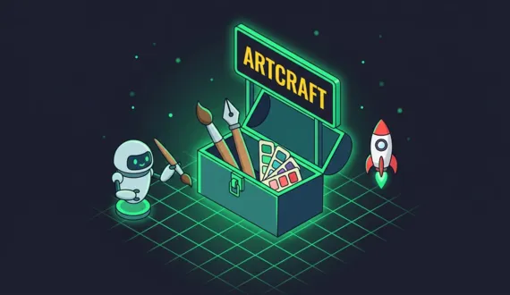 Grüner Werkzeugkasten mit gelbem ArtCraft Schild und Roboterarm