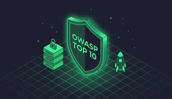 Grüner isometrischer Schild mit OWASP Top 10 Schriftzug, Server und Rakete