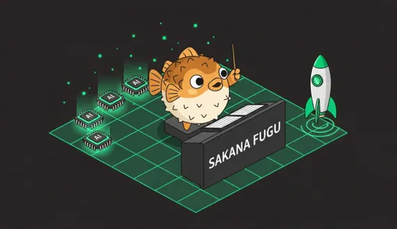 Kugelfisch dirigiert vier KI Chips, Wordmark Sakana Fugu auf Notenpult
