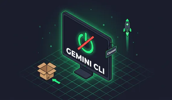 Dunkler Terminal Monitor mit Schriftzug Gemini CLI und ausgeschaltetem Power Symbol