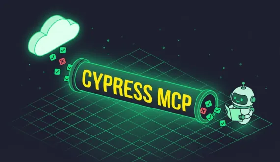 Gelber Schriftzug Cypress MCP auf Rohr, Cloud liefert Testdaten an Roboter