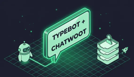 Grünes Sprechblasen Schild Typebot und Chatwoot mit Roboter und Inbox