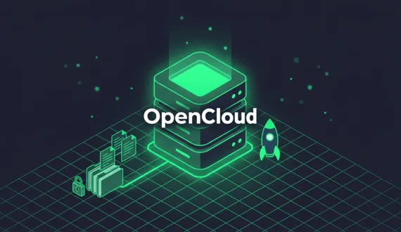Grüner Storage Block mit OpenCloud Schriftzug, Ordner und Rakete
