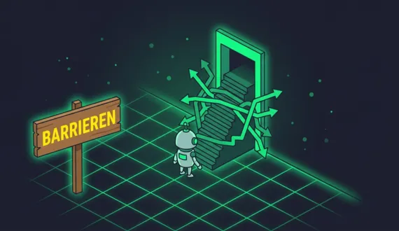 Grün beleuchteter Eingang mit hohen Stufen, Roboter steckt fest, Barrieren