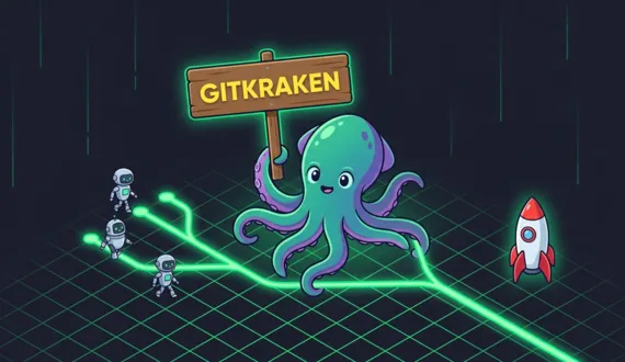 Kraken mit gelbem GitKraken Schild führt KI Agents über Branches