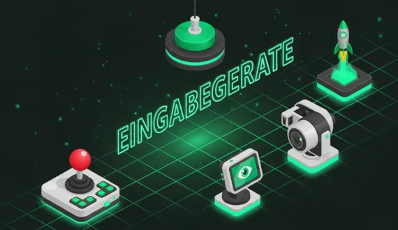 Grüner Neon Schriftzug Eingabegeraete mit Joystick, Augensteuerung und Fußschalter im isometrischen Stil