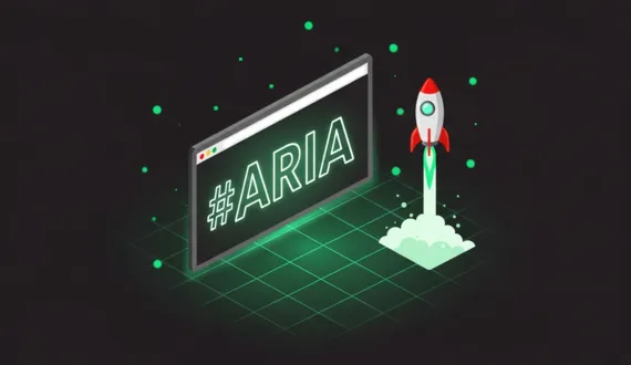 Isometrische Illustration Browser mit grünem ARIA Schriftzug und Rakete als Header