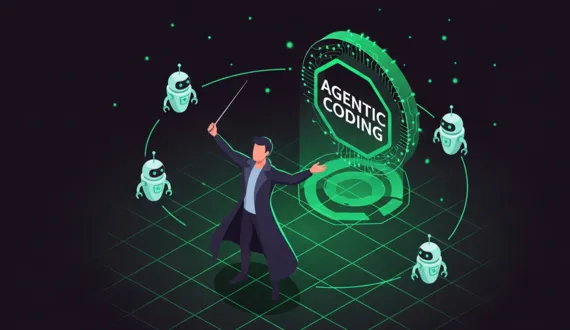 Grüner Dirigent orchestriert KI Agenten DEV QA PM am Agentic Coding Hub