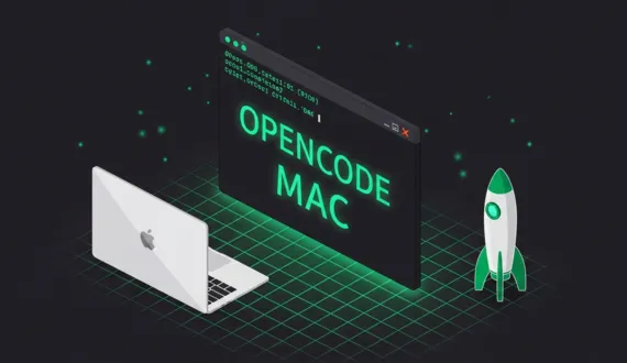 Grünes Terminal Fenster mit OPENCODE MAC Schriftzug, Apple Notebook links, Rakete rechts