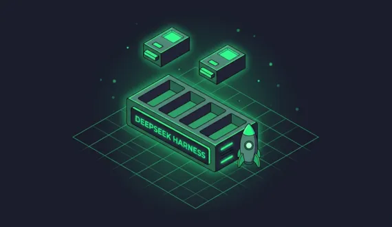 Isometrisches Slot Rack mit Wordmark DeepSeek Harness und schwebenden Plugin Modulen