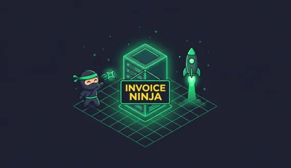 Grüner Server mit gelbem Invoice Ninja Schild, Ninja und Rakete