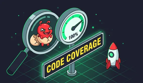 Rotes Baby Alien hinter Messgerät mit 100 Prozent und Schild Code Coverage