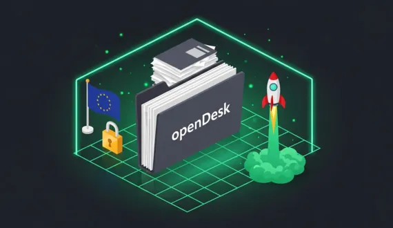 Grüner Aktenordner mit openDesk Schriftzug, EU Flagge, Schloss und Rakete